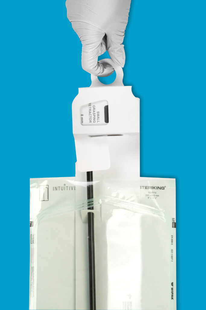 Instrument protectors by SterileBits come with a retrieval ring (shown) so sterile technicians do not need to reach into the packet, improving the aseptic presentation of the instrument to the sterile field.