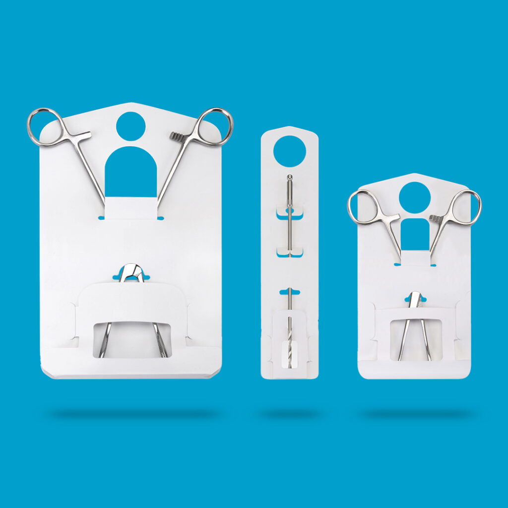 Hinged instrument protectors by SterileBits reduce the risk of sharps injuries by creating a sturdy, protective base for instruments such as surgical scissors. 