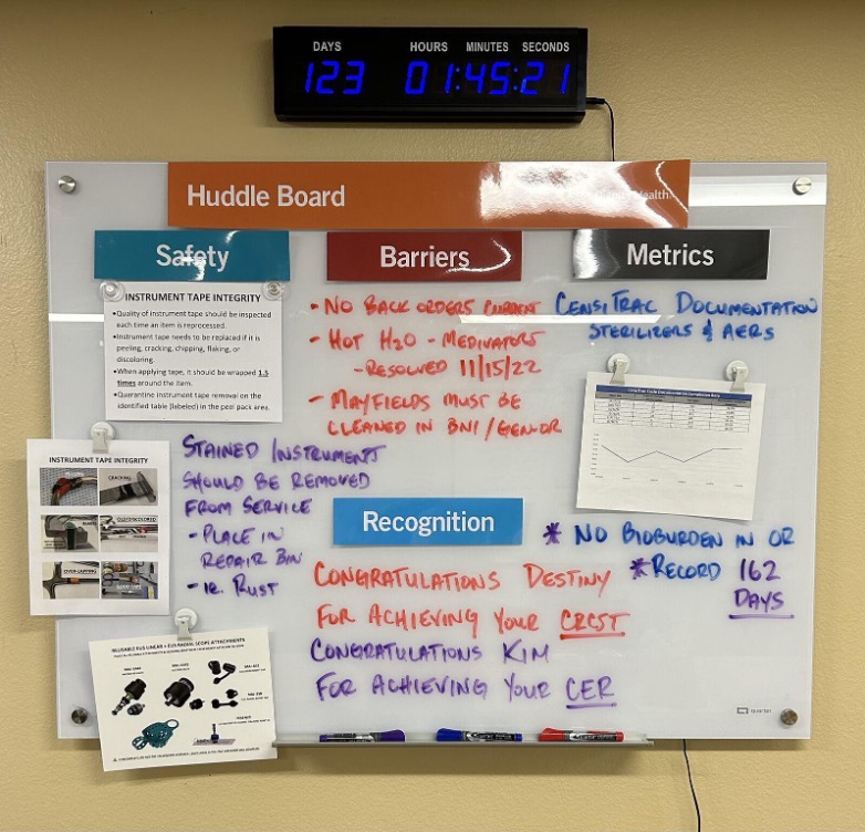 Miller creates a “Huddle Board” with his team, which is reviewed in conjunction with a documented shift report every 8 hours. Every huddle starts with a "Safety First" review.